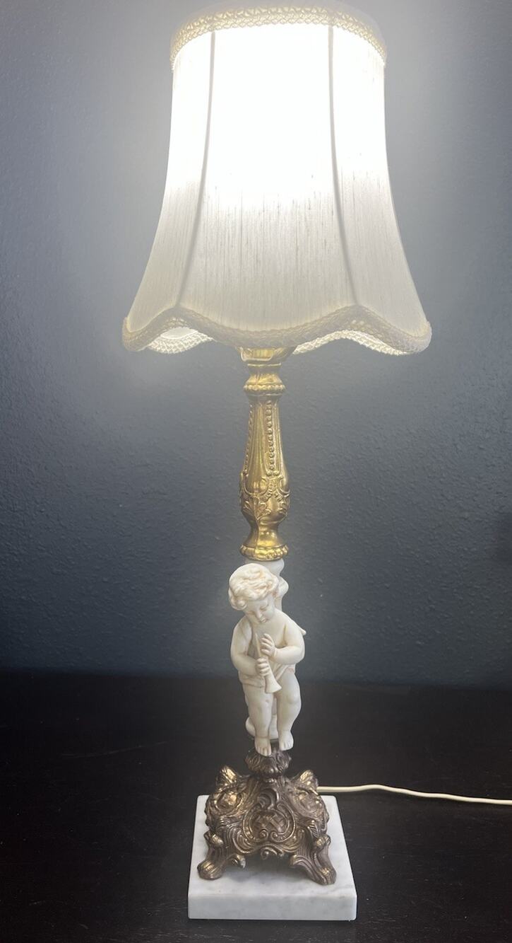 Vintage Cherub Table Lamp Marble Base Brass Tone Hollywood Regency 23” Tall